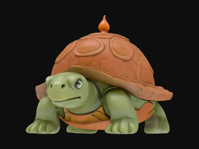 3D model for {
  "Object": "Claymation Trojan Turtle",
  "Material": "Hand-sculpted polymer clay with visible tool-mark textures and matte acrylic paint",
  "Shape/Form": "Chunky turtle form with an exaggerated domed shell that subtly mimics a Trojan horse silhouette",
  "Color Scheme": "Earthy terracotta shell, muted olive-green limbs, and bright gold shell-crest accents",
  "Texture Details": "Finger-pressed clay striations, soft matte finish, tiny chips and cracks for a handcrafted look",
  "Style": "Stop-motion claymation sculpture with charming imperfections",
, #ocean#, 
  "Reference Models": [
    "Classic stop-motion clay characters (e.g., Wallace & Gromit)",
    "Trojan horse wood carving silhouettes",
    "Miniature clay diorama techniques"
  ]
, #ocean#, 
