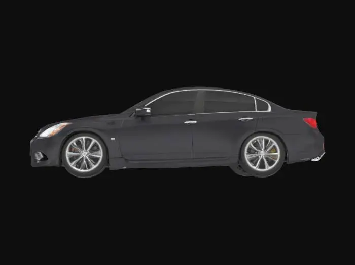 3D model for {
  "Object": "2012 Infiniti G37",
  "Material": "<e.g. automotive-grade steel panels, tempered glass windows, rubber tires>",
  "Shape/Form": "4-door sedan with smooth aerodynamic curves and pronounced wheel arches",
  "Color Scheme": "<e.g. metallic midnight black with chrome accents>",
  "Texture Details": "<e.g. glossy clear coat finish, brushed-metal grille, realistic tire treads>",
  "Style": "<choose one: Realistic | Cartoon | Sculpture | PBR | Voxel>",
  "Environment/Use Context": "<optional – e.g. showroom display, urban street scene at dusk>",
  "Reference Models": "<optional – links or names of similar 3D car models for inspiration>"
}
