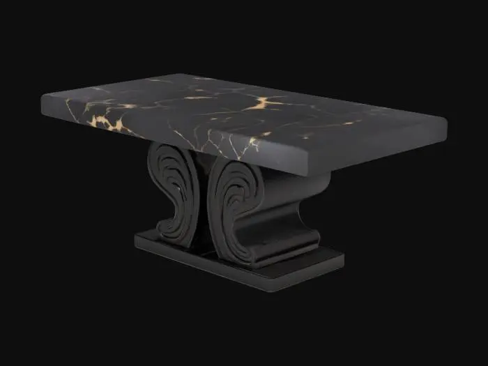 3D model for   <Object>Table</Object>
  <Material>Obsidian</Material>
  <ShapeForm>Rectangular tabletop with gently curved, carved pedestal legs in a classic silhouette</ShapeForm>
  <ColorScheme>Deep glossy black with subtle iridescent highlights along natural fractures</ColorScheme>
  <TextureDetails>Smooth, mirror-polished surfaces contrasted by matte-finished natural veining and sharp crystalline edges</TextureDetails>
  <Style>Vintage Art Deco</Style>
  <EnvironmentUseContext>Statement piece in a luxury indoor living room or lounge, paired with velvet furnishings</EnvironmentUseContext>
  <ReferenceModels>
    <Model>Art Deco console table silhouette</Model>
    <Model>Antique obsidian ceremonial artifacts</Model>