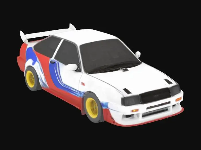3D model for {
  "Object": "Gymkhana stunt car",
  "Material": "Bespoke tubular spaceframe chassis with carbon fiber body panels, carbon fiber active-aero elements, and aluminum suspension components",
  "Shape/Form": "Boxy 1983 Subaru GL Wagon silhouette with flared wide fenders, eight-spoke forged monobloc wheels, deployable fender flaps, and adjustable rear wing",
  "Color Scheme": "White base with red and blue geometric graphics, Hoonigan branding, and gold wheels",
  "Texture Details": {
    "Body": "Gloss and matte carbon fiber finish with visible weave and high-contrast sponsor decals",
    "Trim": "Polished gold monobloc wheels and satin-black aero hardware",
  },
  "Style": "Photorealistic",
  "Reference Models": ["1983 Subaru GL Wagon", "Subaru WRX STI"]
}
