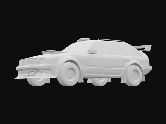 3D model for {
  "Object": "Gymkhana stunt car",
  "Shape/Form": "Boxy 1983 Subaru GL Wagon silhouette with flared wide fenders, eight-spoke forged monobloc wheels, deployable fender flaps, and adjustable rear wing",
  "Color Scheme": "White base with red and blue geometric graphics, Hoonigan branding, and gold wheels",
  "Topology": {
    "TriangleCount": 250000,
    "Quads": true,
    "EdgeFlow": "Aligned to aerodynamic contours and wheel arches",
    "LODs": [
      { "Level": 0, "TriangleCount": 250000 },
      { "Level": 1, "TriangleCount": 125000 },
      { "Level": 2, "TriangleCount": 60000 }
    ],
    "CollisionMesh": { "Type": "convex_hull", "TriangleCount": 2000 }
  },
  "UVMapping": {
    "UVSets": 1,
    "AtlasSize": "4096x4096",
    "ShellOverlap": false,
    "TexelDensity": "High"