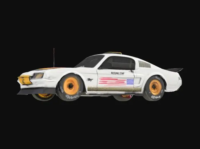 3D model for A high-performance Gymkhana stunt car, featuring a 1965 Ford Mustang notchback silhouette with aggressive exposed widebody flares and a prominent adjustable rear wing. Its body is composed of riveted carbon fiber panels, displaying a semi-matte weave with visible rivets and subtle heat-stain accents. The grey star-camouflage base is emblazoned with a stylized US flag and distinct brand logos. Gold forged monobloc wheels exhibit realistic tire wear, contrasting with gloss black carbon fiber trim and visible aluminum aero supports.