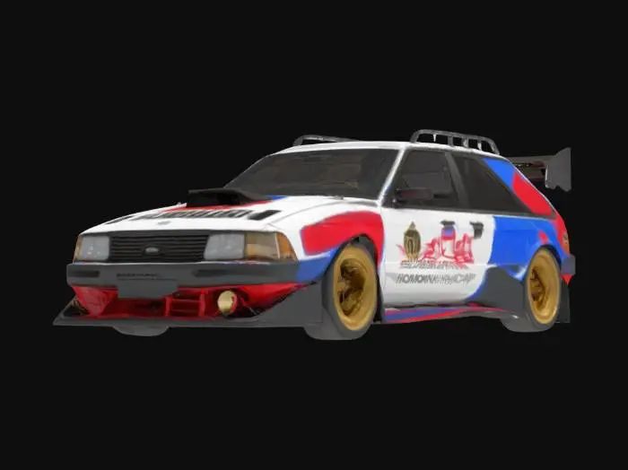 3D model for {
 "Object":"Gymkhana stunt car",
 "Shape/Form":"1983 Subaru GL Wagon with flared fenders, rear wing",
 "Color Scheme":"White base with red/blue graphics, Hoonigan branding, gold wheels",
 "Texture Details":{"Body":"Gloss/matte carbon fiber finish with visible weave & decals","Trim":"Gold wheels & satin-black hardware"},
 "Style":"Photorealistic",
 "Reference Models":["1983 Subaru GL Wagon","Subaru WRX STI"],
 "Topology":{"LOD0":250000,"LOD1":125000,"LOD2":60000,"Collision":2000,"Quads":true},
 "UVMapping":{"Atlas":4096,"Sets":1,"NoOverlap":true},
 "PBRMaterials":{"BodyPaint":["BaseColor","Metallic","Roughness","Normal","AO"],"CarbonFiber":["BaseColor","Roughness","Normal","AO"],"Wheels":["BaseColor","Metallic","Roughness","Normal","AO"],"Glass":
