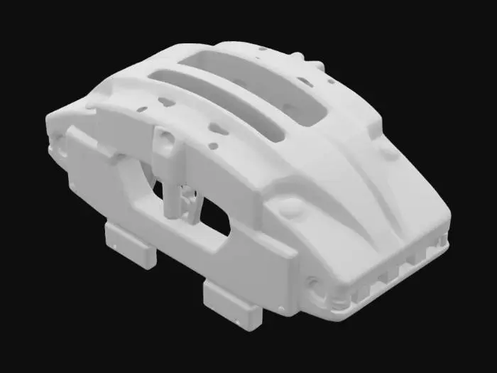 3D model for {
  "Object": "GT3-class brake caliper",
  "Material": "Near-net forged aluminium alloy (T6-equivalent) body; stainless-steel pistons; high-temperature seal compounds",
  "Shape/Form": "Monobloc radial-mount caliper with 210 × 42 mm mounting centers; front unit houses six pistons (2×Ø27.0 mm, 2×Ø31.8 mm, 2×Ø38.1 mm); integrated internal porting, optional dry-bleed valves, ducted air-cooling channels",
  "Color Scheme": "Bare machined aluminium silver (optionally anodized accents)",
  "Texture Details": "CNC-machined mounting faces and piston bores Ra ≤ 0.02 mm; visible tool-path marks on fluid channels; subtle forged grain on exterior surfaces",
  "Style": "Realistic PBR",
  "Reference Models": [
    "<URL or local path to STEP/IGES from CMM or laser-scan data>"
  ],
}
