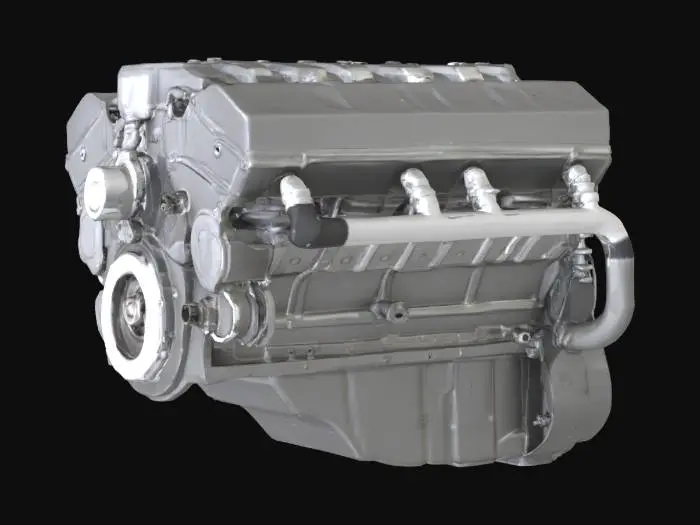 3D model for {
  "object": "In-line six engine",
  "material": "Cast iron engine block with aluminum cylinder head and chrome-plated accessory housings",
  "shape_form": "Straight six-cylinder layout with integrated intake manifold, exhaust headers, pulley system and timing chain cover",
  "color_scheme": "Matte graphite gray block, brushed aluminum head, polished chrome accents on pipes and pulleys",
  "texture_details": {
    "engine_block": "Rough cast surface with subtle pitting and machining marks",
    "cylinder_head": "Smooth brushed metal finish with light tool scratches",
    "accessories": "High-gloss chrome plating with realistic smudges and fingerprints"
  },
  "style": "Realistic (PBR)",
  "reference_models": [
    "BMW M30 straight-six",
    "Toyota 2JZ inline-six"
  ]
}
