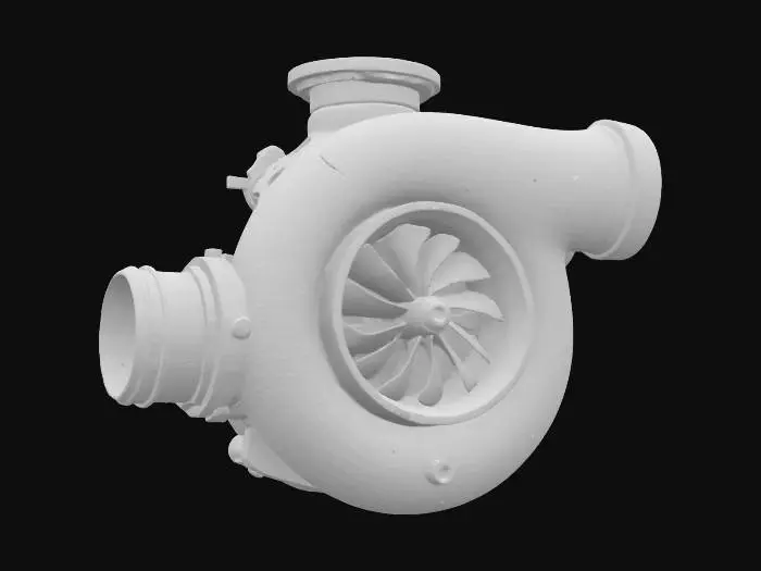 3D model for {
  "object": "Turbocharger",
  "material": "Cast stainless steel turbine housing, aluminum compressor housing, chromed steel shaft and wheel",
  "shape_form": "Single-scroll turbocharger with exposed turbine and compressor wheels, integrated wastegate actuator bracket, oil feed and drain flanges",
  "color_scheme": "Matte graphite turbine housing, brushed aluminum compressor housing, polished chrome shaft and wheel",
    "compressor_housing": "Smooth machined finish with fine concentric milling marks",
    "shaft_and_wheels": "High-gloss polished metal with realistic micro-scratches",
    "actuator_bracket": "Anodized silver with slight surface wear and tool scratches"
  },
  "style": "Realistic (PBR)",
  ]
}
