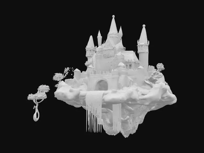 3D model for A fantasy castle floating on a cloud with waterfalls cascading from its edges, glowing trees, and a rainbow arching overhead.