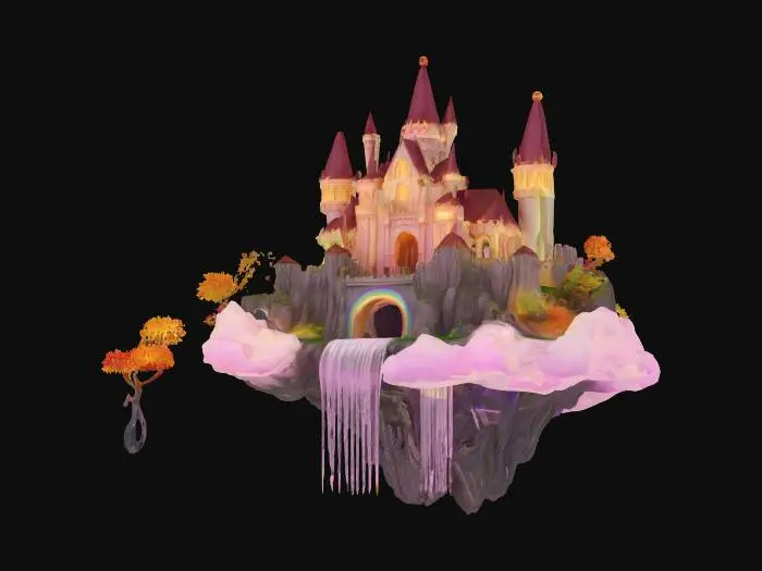 3D model for A fantasy castle floating on a cloud with waterfalls cascading from its edges, glowing trees, and a rainbow arching overhead.