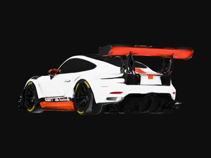 3D model for {
  "object": "GT3-class sports car based on Porsche 911 GT3 R (992)",
  "material": "Carbon fiber body panels, polycarbonate windows, titanium exhaust",
  "shape_form": "Low, wide coupe with flared fenders, swan-neck rear wing, vented hood, front splitter, rear diffuser, side skirts, aerodynamic mirrors",
  "color_scheme": "Gloss white base, black and red racing stripes, sponsor decals",
  "texture_details": "Smooth paint with clearcoat gloss, exposed carbon fiber weave on aero parts, rubber tires with worn tread, metallic brake discs with drilled holes",
  "style": "Realistic PBR",
  "environment_use_context": "Set on pit lane of modern endurance racing circuit"
}

