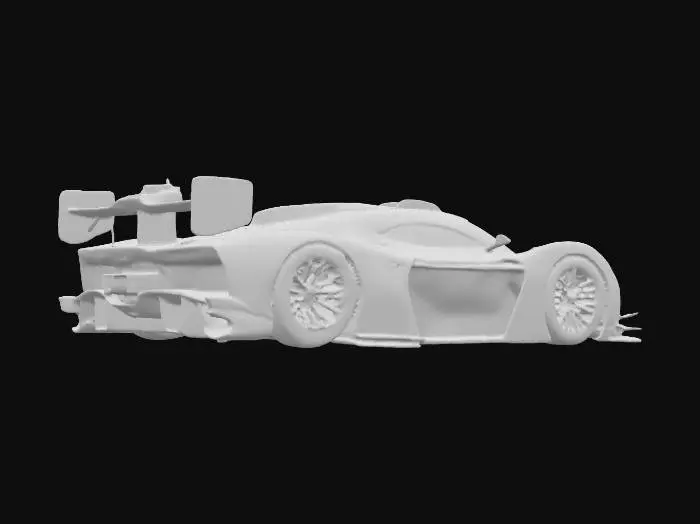 3D model for {
  "object": "Cyberpunk race car",
  "material": "Matte carbon fiber body with exposed steel framework, illuminated neon panels, titanium exhausts",
  "shape_form": "Low, angular coupe with wide fenders, exposed suspension, rear diffuser, oversized rear wing, integrated wheel rims emitting glow",
  "color_scheme": "Matte black base, neon cyan and magenta accents, glowing graphical sponsor decals",
  "texture_details": "Rough carbon weave on panels, illuminated neon veins, weathered metal edges, glossy decal surfaces, wet-reflective asphalt residue on tires",
  "style": "Realistic PBR",
  "environment_use_context": "Nighttime urban street circuit, neon-lit city towers reflecting on wet asphalt"
}

