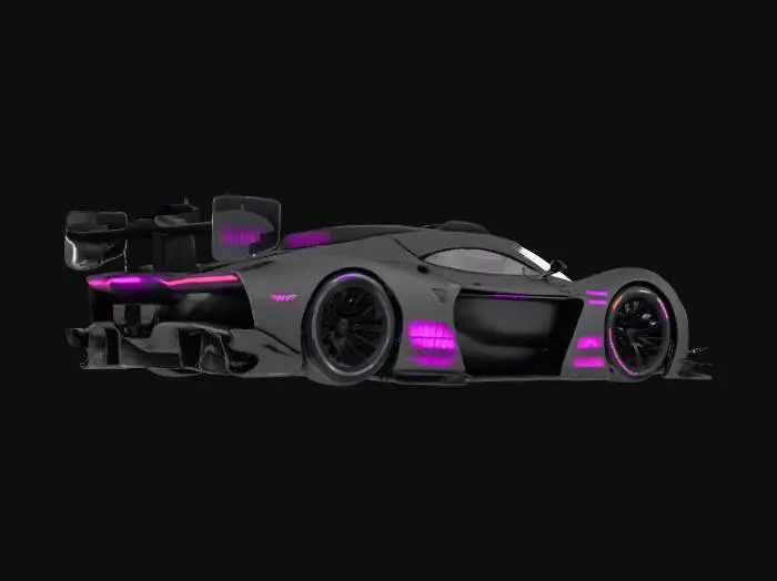 3D model for {
  "object": "Cyberpunk race car",
  "material": "Matte carbon fiber body with exposed steel framework, illuminated neon panels, titanium exhausts",
  "shape_form": "Low, angular coupe with wide fenders, exposed suspension, rear diffuser, oversized rear wing, integrated wheel rims emitting glow",
  "color_scheme": "Matte black base, neon cyan and magenta accents, glowing graphical sponsor decals",
  "texture_details": "Rough carbon weave on panels, illuminated neon veins, weathered metal edges, glossy decal surfaces, wet-reflective asphalt residue on tires",
  "style": "Realistic PBR",
  "environment_use_context": "Nighttime urban street circuit, neon-lit city towers reflecting on wet asphalt"
}
