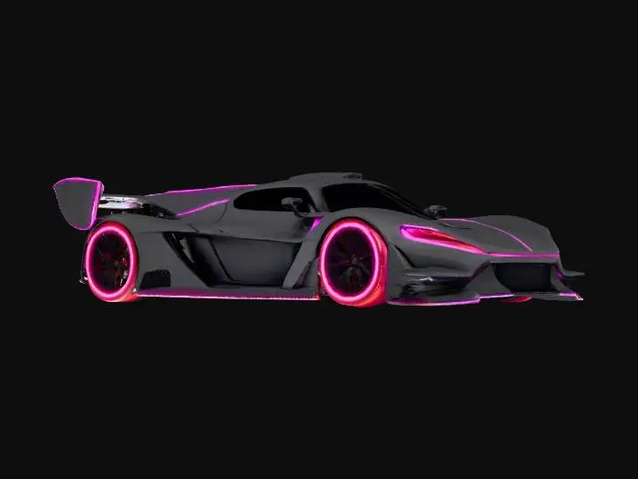3D model for {
  "object": "Cyberpunk GT hyper race car",
  "material": "Matte carbon fiber panels with reactive neon trim, titanium exhaust, holographic canopy, reinforced alloy chassis",
  "shape_form": "Low, razor-edged body with wide fenders, vented hood, exposed suspension, oversized rear diffuser and wing, glowing wheel rims",
  "color_scheme": "Jet black base, neon cyan and magenta highlights, holographic sponsor decals shifting color",
  "texture_details": "Carbon weave visible on exposed parts, neon lighting strips embedded in seams, wet grime streaks from racing, hologram flicker effects",
  "style": "Realistic PBR",
  "environment_use_context": "Rain-slick neon city street circuit with holographic billboards and towering megastructures"
}
