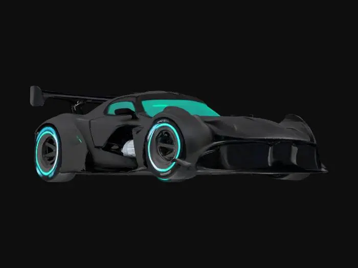 3D model for {
  "object": "Cyberpunk race car",
  "material": "Matte carbon fiber body with exposed steel framework, illuminated neon panels, titanium exhausts",
  "shape_form": "Low, angular coupe with wide fenders, exposed suspension, rear diffuser, oversized rear wing, integrated wheel rims emitting glow",
  "color_scheme": "Matte black base, neon cyan and magenta accents, glowing graphical sponsor decals",
  "texture_details": "Rough carbon weave on panels, illuminated neon veins, weathered metal edges, glossy decal surfaces, wet-reflective asphalt residue on tires",
  "style": "Realistic PBR",
  "environment_use_context": "Nighttime urban street circuit, neon-lit city towers reflecting on wet asphalt"
}
