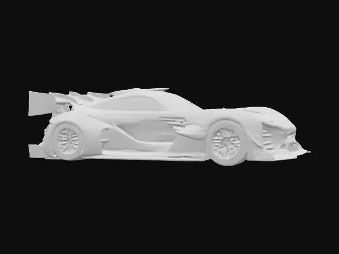 3D model for {
  "object": "Cyberpunk race car",
  "material": "Matte carbon fiber body with exposed steel framework, illuminated neon panels, titanium exhausts",
  "shape_form": "Low, angular coupe with wide fenders, exposed suspension, rear diffuser, oversized rear wing, integrated wheel rims emitting glow",
  "color_scheme": "Matte black base, neon cyan and magenta accents, glowing graphical sponsor decals",
  "texture_details": "Rough carbon weave on panels, illuminated neon veins, weathered metal edges, glossy decal surfaces, wet-reflective asphalt residue on tires",
  "style": "Realistic PBR",
  "environment_use_context": "Nighttime urban street circuit, neon-lit city towers reflecting on wet asphalt"
}

