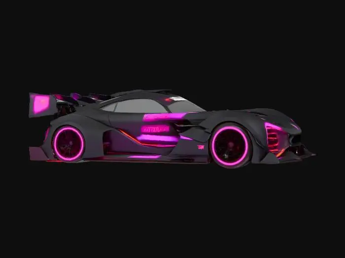 3D model for {
  "object": "Cyberpunk race car",
  "material": "Matte carbon fiber body with exposed steel framework, illuminated neon panels, titanium exhausts",
  "shape_form": "Low, angular coupe with wide fenders, exposed suspension, rear diffuser, oversized rear wing, integrated wheel rims emitting glow",
  "color_scheme": "Matte black base, neon cyan and magenta accents, glowing graphical sponsor decals",
  "texture_details": "Rough carbon weave on panels, illuminated neon veins, weathered metal edges, glossy decal surfaces, wet-reflective asphalt residue on tires",
  "style": "Realistic PBR",
  "environment_use_context": "Nighttime urban street circuit, neon-lit city towers reflecting on wet asphalt"
}
