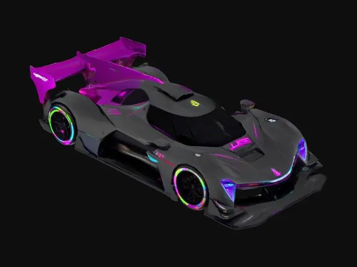 3D model for {
  "object": "Cyberpunk GT hyper race car",
  "material": "Matte carbon fiber panels with reactive neon trim, titanium exhaust, holographic canopy, reinforced alloy chassis",
  "shape_form": "Low, razor-edged body with wide fenders, vented hood, exposed suspension, oversized rear diffuser and wing, glowing wheel rims",
  "color_scheme": "Jet black base, neon cyan and magenta highlights, holographic sponsor decals shifting color",
  "texture_details": "Carbon weave visible on exposed parts, neon lighting strips embedded in seams, wet grime streaks from racing, hologram flicker effects",
  "style": "Realistic PBR",
  "environment_use_context": "Rain-slick neon city street circuit with holographic billboards and towering megastructures"
}
