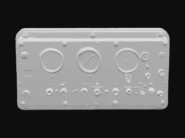 3D model for object: Industrial Wall-Mounted Control Panel
material: Brushed aluminum housing with rubberized knobs and glass-covered gauges
shape_form: Rectangular box with extruded control dials, toggle switches, and warning lights
color_scheme: Steel gray base, black knobs, red and amber indicator lights, light rust around panel edges
texture_details: Subtle brushed metal texture, smudged glass surfaces, grime buildup in crevices, rubber grip ridges on knobs
style: PBR
environment_use_context: Sci-fi spaceship engine room or factory control bay
reference_models:
  - "Alien: Isolation control units"
  - "Half-Life 2 industrial panel"
, #PBR#