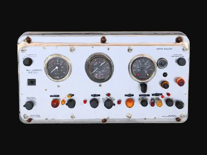 3D model for object: Industrial Wall-Mounted Control Panel
material: Brushed aluminum housing with rubberized knobs and glass-covered gauges
shape_form: Rectangular box with extruded control dials, toggle switches, and warning lights
color_scheme: Steel gray base, black knobs, red and amber indicator lights, light rust around panel edges
texture_details: Subtle brushed metal texture, smudged glass surfaces, grime buildup in crevices, rubber grip ridges on knobs
style: PBR
environment_use_context: Sci-fi spaceship engine room or factory control bay
reference_models:
  - "Alien: Isolation control units"
  - "Half-Life 2 industrial panel"
, #PBR#