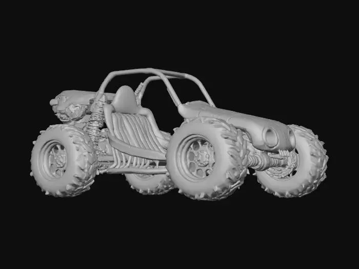 3D model for object: Bone Buggy
material: Bleached bone, polished ivory, weathered cartilage
shape_form: Open-frame buggy with ribcage roll cage, vertebrae-based chassis, spinal column driveshaft, skull-shaped air intake
color_scheme: Pale off-white with bone yellowing; occasional dark fissures and patinaed grooves
texture_details: Matte and porous bone surface, subtle cracks and wear, slightly glossy on polished skull regions
style: Realistic
environment_use_context: Post-apocalyptic wasteland or bone-themed arena
reference_models:
  - Dune buggy (chassis structure)
  - Human/animal skeletal anatomy (ribcage, spine, skull)
  - Mad Max vehicles (inspiration for mods and grunge)
, #Halloween2025#,