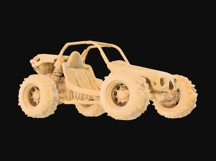 3D model for object: Bone Buggy
material: Bleached bone, polished ivory, weathered cartilage
shape_form: Open-frame buggy with ribcage roll cage, vertebrae-based chassis, spinal column driveshaft, skull-shaped air intake
color_scheme: Pale off-white with bone yellowing; occasional dark fissures and patinaed grooves
texture_details: Matte and porous bone surface, subtle cracks and wear, slightly glossy on polished skull regions
style: Realistic
environment_use_context: Post-apocalyptic wasteland or bone-themed arena
reference_models:
  - Dune buggy (chassis structure)
  - Human/animal skeletal anatomy (ribcage, spine, skull)
  - Mad Max vehicles (inspiration for mods and grunge)
, #Halloween2025#,