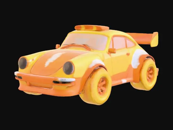 3D model for object: Candy-Corn Rally Car
material: Painted sugar polymer, candy glass, hardened spun sugar
shape_form: Aerodynamic rally car with a wide-body stance, reinforced wheel arches, low suspension profile
color_scheme: Candy corn tri-color bands (orange, yellow, white) with chipped, fractured crystal edges
texture_details: Semi-translucent paint that chips into jagged sugar crystals; glossy candy-glass tires with embedded sugar grit
style: Cartoon
environment_use_context: Rally racing terrain — switchable between gravel and snow; staged in a stylized candy land or arcade rally zone
reference_models:
  - WRC rally car (shape)
  - Rocket League cars (style)
  - Real candy corn for color and material fidelity
, #Halloween2025#