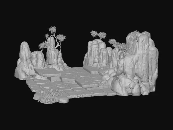 3D model for {"object":"urban landscape terrain","material":"painted cobblestone, bamboo decking, neon-accented dirt, holographic tatami mats","shape_form":"layered multi-tier platforms, exaggerated slopes, artificial hills with tech veins, stylized potholes","color_scheme":"vivid earthy browns with hot pink neon seams, mossy greens, electric blues","texture_details":"cel-shaded with thick anime-style ink lines and sharp shadow angles","style":"cartoon, parody, 1990s anime cel","environment_use_context":"foundation terrain for sci-fi Edo parody city","reference_models":["Samurai Pizza Cats ground scenes","Katamari Damacy terrain","Okami meets MegaTokyo base"]}