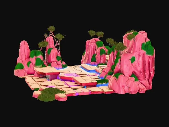 3D model for {"object":"urban landscape terrain","material":"painted cobblestone, bamboo decking, neon-accented dirt, holographic tatami mats","shape_form":"layered multi-tier platforms, exaggerated slopes, artificial hills with tech veins, stylized potholes","color_scheme":"vivid earthy browns with hot pink neon seams, mossy greens, electric blues","texture_details":"cel-shaded with thick anime-style ink lines and sharp shadow angles","style":"cartoon, parody, 1990s anime cel","environment_use_context":"foundation terrain for sci-fi Edo parody city","reference_models":["Samurai Pizza Cats ground scenes","Katamari Damacy terrain","Okami meets MegaTokyo base"]}