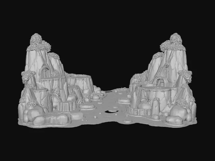 3D model for {"object":"urban landscape terrain","material":"painted cobblestone, bamboo decking, neon-accented dirt, holographic tatami mats","shape_form":"layered multi-tier platforms, exaggerated slopes, artificial hills with tech veins, stylized potholes","color_scheme":"vivid earthy browns with hot pink neon seams, mossy greens, electric blues","texture_details":"cel-shaded with thick anime-style ink lines and sharp shadow angles","style":"cartoon, parody, 1990s anime cel","environment_use_context":"foundation terrain for sci-fi Edo parody city","reference_models":["Samurai Pizza Cats ground scenes","Katamari Damacy terrain","Okami meets MegaTokyo base"]}