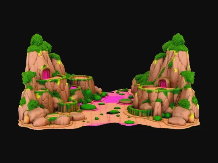 3D model for {"object":"urban landscape terrain","material":"painted cobblestone, bamboo decking, neon-accented dirt, holographic tatami mats","shape_form":"layered multi-tier platforms, exaggerated slopes, artificial hills with tech veins, stylized potholes","color_scheme":"vivid earthy browns with hot pink neon seams, mossy greens, electric blues","texture_details":"cel-shaded with thick anime-style ink lines and sharp shadow angles","style":"cartoon, parody, 1990s anime cel","environment_use_context":"foundation terrain for sci-fi Edo parody city","reference_models":["Samurai Pizza Cats ground scenes","Katamari Damacy terrain","Okami meets MegaTokyo base"]}