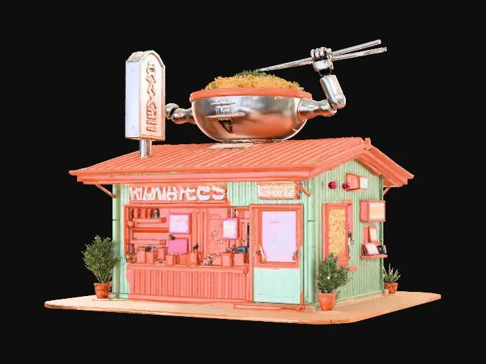 3D model for {"object":"comedic ramen shop building","material":"bamboo, plastic, neon signage, holographic steam vents","shape_form":"small squat hut with oversized ramen bowl roof, robot cat arms holding chopsticks, rotating menu screen","color_scheme":"warm oranges, off-white, with pink neon and mint accents","texture_details":"cel-shaded with thick line art, stylized food decals, steam puffs as holograms","style":"1990s anime cel, cartoon, parody","environment_use_context":"comic relief food stall for robot animals in Edo-future setting","reference_models":["Samurai Pizza Cats food shop","Tonkotsu Robo","Animal Crossing ramen stand"]}