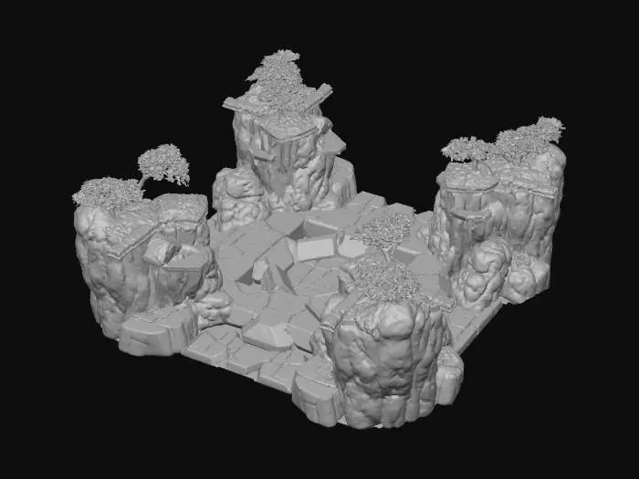 3D model for {"object":"urban landscape terrain","material":"painted cobblestone, bamboo decking, neon-accented dirt, holographic tatami mats","shape_form":"layered multi-tier platforms, exaggerated slopes, artificial hills with tech veins, stylized potholes","color_scheme":"vivid earthy browns with hot pink neon seams, mossy greens, electric blues","texture_details":"cel-shaded with thick anime-style ink lines and sharp shadow angles","style":"cartoon, parody, 1990s anime cel","environment_use_context":"foundation terrain for sci-fi Edo parody city","reference_models":["Samurai Pizza Cats ground scenes","Katamari Damacy terrain","Okami meets MegaTokyo base"]}