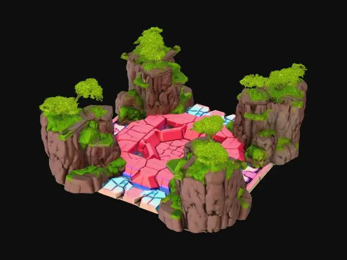 3D model for {"object":"urban landscape terrain","material":"painted cobblestone, bamboo decking, neon-accented dirt, holographic tatami mats","shape_form":"layered multi-tier platforms, exaggerated slopes, artificial hills with tech veins, stylized potholes","color_scheme":"vivid earthy browns with hot pink neon seams, mossy greens, electric blues","texture_details":"cel-shaded with thick anime-style ink lines and sharp shadow angles","style":"cartoon, parody, 1990s anime cel","environment_use_context":"foundation terrain for sci-fi Edo parody city","reference_models":["Samurai Pizza Cats ground scenes","Katamari Damacy terrain","Okami meets MegaTokyo base"]}