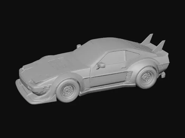 3D model for {"object":"chibi Edo-sci-fi race coupe (S13-inspired)","material":"plastic-ceramic body over dark frame, red lacquer aero, gold fasteners, tinted glass","shape_form":"long-hood short-deck; low stance; box flares; front splitter, skirts, ducktail; 5-spoke wheels; pop-up lamps half-open angled; quad vernier exhausts; roll cage; cat-ear mirrors; V-fin roof blade","color_scheme":"white base with red panels, gold trims, black chassis, teal vents, cyan glass; no decals/text","texture_details":"clean ink lines, hard 2-step cel shadows; glossy body, matte tires; no sponsor marks","style":"1990s anime cel, cartoon, sentai parody, hyper-saturated, no realism","environment_use_context":"Edoropolis street circuit; drift; mid poly 20–40k, quads, single UV; cel-shade normals; PBR basecolor/roughness