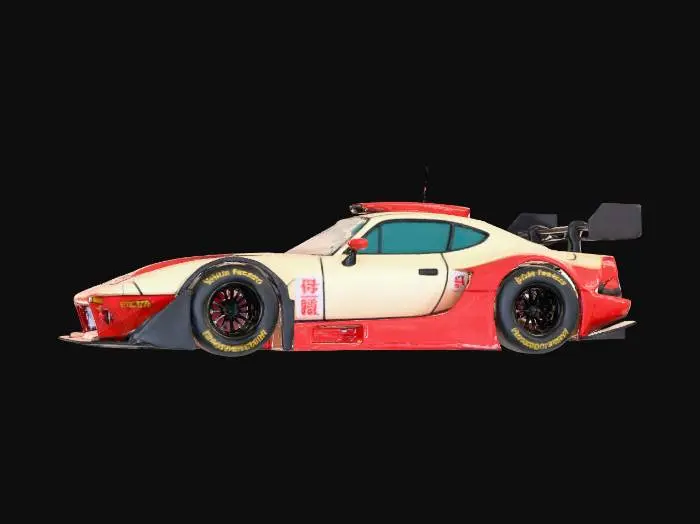 3D model for {"object":"chibi Edo-sci-fi race coupe (S13-inspired)","material":"plastic-ceramic body over dark inner-frame, red lacquer armor plates, gold fasteners, tinted glass","shape_form":"long-hood short-deck coupe; low wide stance; box-flare fenders; front splitter; side skirts; ducktail; V-fin roof blade; cat-ear mirror fins; pizza-emblem grille badge; quad vernier exhausts; pop-up eyelid lamps; roll cage","color_scheme":"white base with saturated red panels, gold trims, black chassis, teal vents, cyan glass; pizza-slice livery + kana decals","texture_details":"clean ink panel lines, hard 2-step cel shadows; glossy body, matte tires, satin rubber; bold number roundels, no grime","style":"1990s anime cel, cartoon, sentai parody, hyper-saturated, no realism",