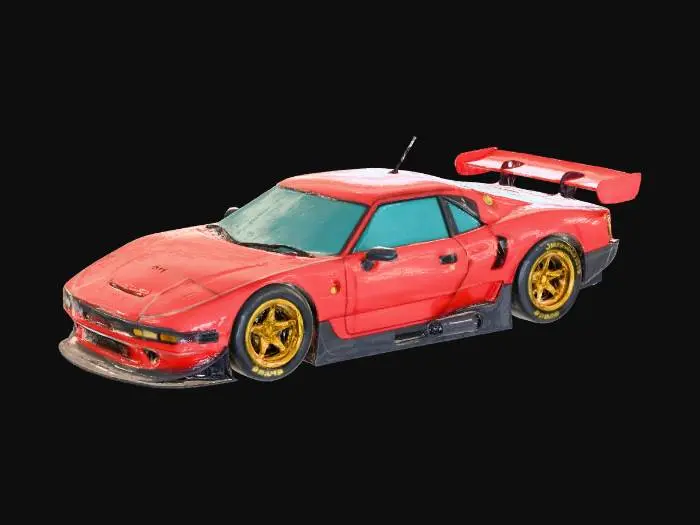 3D model for {"object":"chibi Edo-sci-fi race coupe (S13-inspired)","material":"plastic-ceramic body over dark frame, red lacquer aero, gold fasteners, tinted glass","shape_form":"long-hood short-deck; low stance; box flares; front splitter, skirts, ducktail; 5-spoke wheels; pop-up lamps half-open angled; quad vernier exhausts; roll cage; cat-ear mirrors; V-fin roof blade","color_scheme":"white base with red panels, gold trims, black chassis, teal vents, cyan glass; no decals/text","texture_details":"clean ink lines, hard 2-step cel shadows; glossy body, matte tires; no sponsor marks","style":"1990s anime cel, cartoon, sentai parody, hyper-saturated, no realism","environment_use_context":"Edoropolis street circuit; drift; mid poly 20–40k, quads, single UV; cel-shade normals; PBR basecolor/roughness