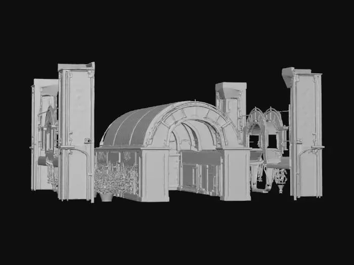 3D model for {"object":"Neon night market loop","material":"paper-lantern holograms, chrome railings, ceramic street tiles, acrylic awnings","shape_form":"tight S-curves through vendor stalls, streamer arches, narrow chicanes, under-sign tunnels","color_scheme":"magenta/cyan core with gold trims and rainbow lantern rows","texture_details":"thick inks, hard cel shadows, tile gloss reflections, no dirt","style":"1990s anime cel, cartoon, sentai parody, hyper-saturated","environment_use_context":"night drift battles and time trials","reference_models":["cel-anime market streets"]}