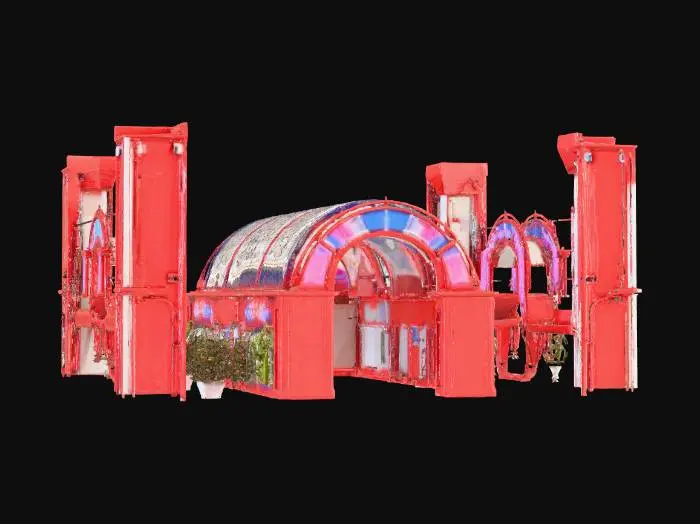 3D model for {"object":"Neon night market loop","material":"paper-lantern holograms, chrome railings, ceramic street tiles, acrylic awnings","shape_form":"tight S-curves through vendor stalls, streamer arches, narrow chicanes, under-sign tunnels","color_scheme":"magenta/cyan core with gold trims and rainbow lantern rows","texture_details":"thick inks, hard cel shadows, tile gloss reflections, no dirt","style":"1990s anime cel, cartoon, sentai parody, hyper-saturated","environment_use_context":"night drift battles and time trials","reference_models":["cel-anime market streets"]}