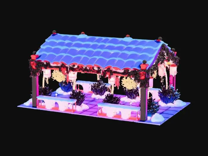 3D model for {"object":"Neon night market winter loop","material":"ceramic tiles, chrome rails, lanterns, string lights","shape_form":"tight S-curves, under-sign tunnels, cookie-arch finish","color_scheme":"magenta/cyan core, gold trims, pine garlands","texture_details":"thick inks, cel shadows, tile gloss, snow dust","style":"1990s anime cel, hyper-saturated","environment_use_context":"SCALE 1u=1m; lap 800m; lane 6–7m (alleys 4m); curbs 0.12m; slope 0–4°; clearance 4.5m; friction: dry tile 0.75, wet 0.55, ice 0.20; cone restitution 0.2; boost gates ×2 post-chicane", #Christmas2025#