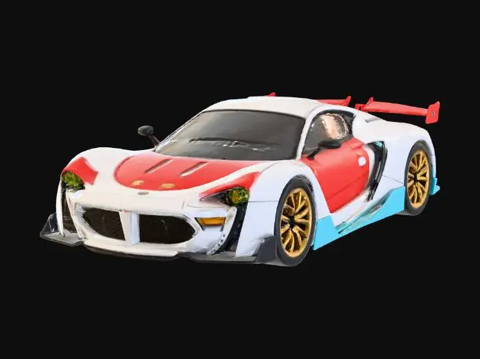 3D model for (S13-inspired)","material":"plastic-ceramic body over dark inner-frame, red lacquer armor plates, gold fasteners, tinted glass","shape_form":"long-hood short-deck coupe; low wide stance; box-flare fenders; front splitter; side skirts; ducktail; V-fin roof blade; cat-ear mirror fins; pizza-emblem grille badge; quad vernier exhausts; pop-up eyelid lamps; roll cage","color_scheme":"white base with saturated red panels, gold trims, black chassis, teal vents, cyan glass; pizza-slice livery + kana decals","texture_details":"clean ink panel lines, hard 2-step cel shadows; glossy body, matte tires, satin rubber; bold number roundels, no grime","style":"1990s anime cel, cartoon, sentai parody, hyper-saturated, no realism",#Christmas2025#
