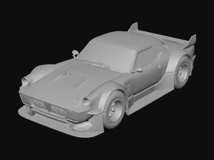 3D model for (S13-inspired)","material":"plastic-ceramic body over dark inner-frame, red lacquer armor plates, gold fasteners, tinted glass","shape_form":"long-hood short-deck coupe; low wide stance; box-flare fenders; front splitter; side skirts; ducktail; V-fin roof blade; cat-ear mirror fins; pizza-emblem grille badge; quad vernier exhausts; pop-up eyelid lamps; roll cage","color_scheme":"white base with saturated red panels, gold trims, black chassis, teal vents, cyan glass; pizza-slice livery + kana decals","texture_details":"clean ink panel lines, hard 2-step cel shadows; glossy body, matte tires, satin rubber; bold number roundels, no grime","style":"1990s anime cel, cartoon, sentai parody, hyper-saturated, no realism",#Christmas2025#