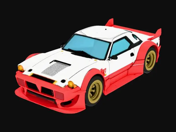 3D model for (S13-inspired)","material":"plastic-ceramic body over dark inner-frame, red lacquer armor plates, gold fasteners, tinted glass","shape_form":"long-hood short-deck coupe; low wide stance; box-flare fenders; front splitter; side skirts; ducktail; V-fin roof blade; cat-ear mirror fins; pizza-emblem grille badge; quad vernier exhausts; pop-up eyelid lamps; roll cage","color_scheme":"white base with saturated red panels, gold trims, black chassis, teal vents, cyan glass; pizza-slice livery + kana decals","texture_details":"clean ink panel lines, hard 2-step cel shadows; glossy body, matte tires, satin rubber; bold number roundels, no grime","style":"1990s anime cel, cartoon, sentai parody, hyper-saturated, no realism",#Christmas2025#