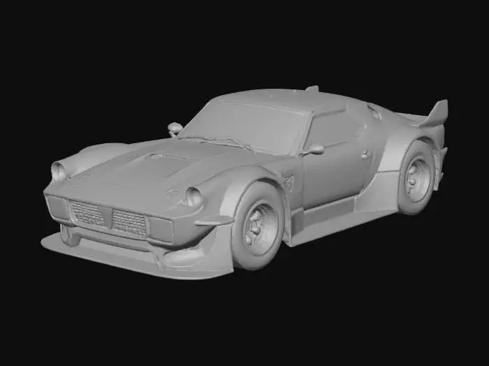 3D model for (S13-inspired)","material":"plastic-ceramic body over dark inner-frame, red lacquer armor plates, gold fasteners, tinted glass","shape_form":"long-hood short-deck coupe; low wide stance; box-flare fenders; front splitter; side skirts; ducktail; V-fin roof blade; cat-ear mirror fins; pizza-emblem grille badge; quad vernier exhausts; pop-up eyelid lamps; roll cage","color_scheme":"white base with saturated red panels, gold trims, black chassis, teal vents, cyan glass; pizza-slice livery + kana decals","texture_details":"clean ink panel lines, hard 2-step cel shadows; glossy body, matte tires, satin rubber; bold number roundels, no grime","style":"1990s anime cel, cartoon, sentai parody, hyper-saturated, no realism",#Christmas2025#