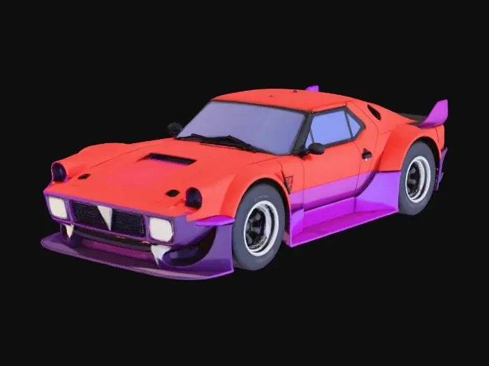3D model for (S13-inspired)","material":"plastic-ceramic body over dark inner-frame, red lacquer armor plates, gold fasteners, tinted glass","shape_form":"long-hood short-deck coupe; low wide stance; box-flare fenders; front splitter; side skirts; ducktail; V-fin roof blade; cat-ear mirror fins; pizza-emblem grille badge; quad vernier exhausts; pop-up eyelid lamps; roll cage","color_scheme":"white base with saturated red panels, gold trims, black chassis, teal vents, cyan glass; pizza-slice livery + kana decals","texture_details":"clean ink panel lines, hard 2-step cel shadows; glossy body, matte tires, satin rubber; bold number roundels, no grime","style":"1990s anime cel, cartoon, sentai parody, hyper-saturated, no realism",#Christmas2025#