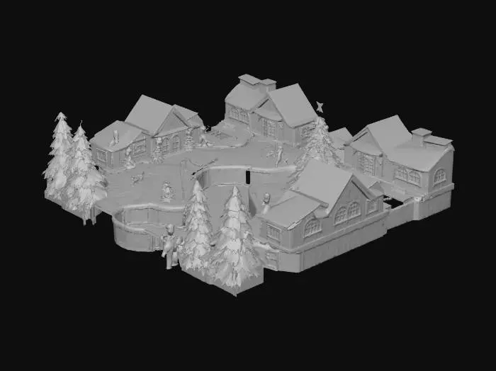 3D model for {"object":"Edoropolis snowglobe plaza circuit","material":"stone tiles, acrylic ice sheets, neon garlands, holographic snowflakes","shape_form":"broad oval around giant tree, banked hairpins, present-crate chicanes, arch tunnels of lights, sleigh-ring jump","color_scheme":"pine green, candy red, gold, teal ice, warm lantern white","texture_details":"clean ink lines, hard cel shadows, glitter snow decals, glossy barriers","style":"1990s anime cel, cartoon, hyper-saturated, no realism","environment_use_context":"day drift heats with light snowfall and confetti-snow boosts","reference_models":["holiday anime plazas"]}, #Christmas2025#
