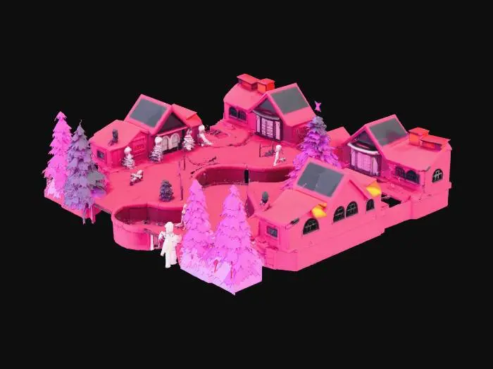 3D model for {"object":"Edoropolis snowglobe plaza circuit","material":"stone tiles, acrylic ice sheets, neon garlands, holographic snowflakes","shape_form":"broad oval around giant tree, banked hairpins, present-crate chicanes, arch tunnels of lights, sleigh-ring jump","color_scheme":"pine green, candy red, gold, teal ice, warm lantern white","texture_details":"clean ink lines, hard cel shadows, glitter snow decals, glossy barriers","style":"1990s anime cel, cartoon, hyper-saturated, no realism","environment_use_context":"day drift heats with light snowfall and confetti-snow boosts","reference_models":["holiday anime plazas"]}, #Christmas2025#