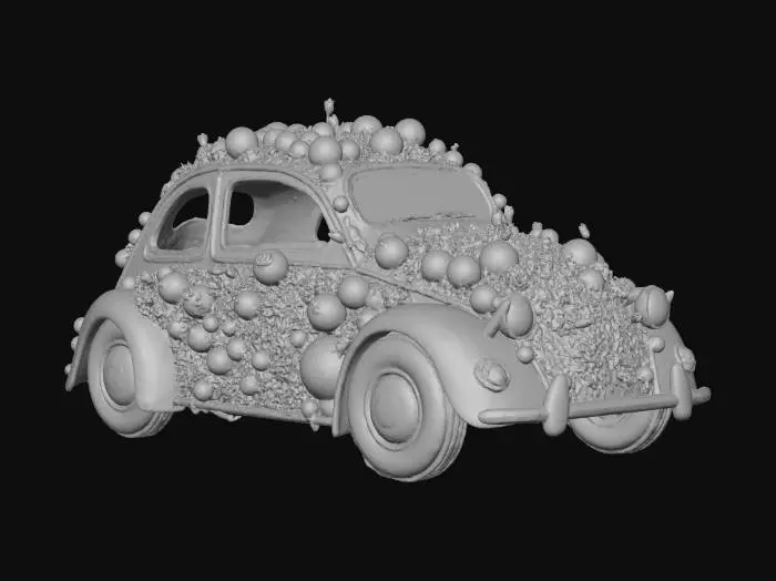 3D model for {"Object":"compact car built entirely from Christmas ornaments, no normal car body visible","Material":"made of shiny glass baubles, metallic tinsel, plastic ornament caps and hooks, with hidden thin support rods","Shape/Form":"rounded small hatchback silhouette, wheels as stacked ring ornaments, bumpers from candy-cane-like ornament bars, windows hinted by gaps in ornaments","Color Scheme":"mainly red, green, gold, with silver and a few blue accents","Texture Details":"high-gloss reflective glass, metallic sparkle, subtle surface scratches, dense overlapping ornaments","Style":"realistic 3D ornament sculpture, slightly exaggerated curves","Environment/Use Context":"","Reference Models":""}, #Christmas2025#