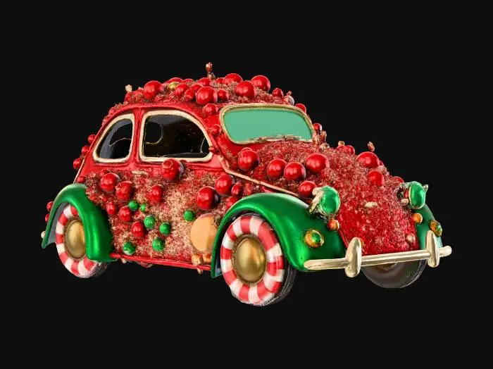3D model for {"Object":"compact car built entirely from Christmas ornaments, no normal car body visible","Material":"made of shiny glass baubles, metallic tinsel, plastic ornament caps and hooks, with hidden thin support rods","Shape/Form":"rounded small hatchback silhouette, wheels as stacked ring ornaments, bumpers from candy-cane-like ornament bars, windows hinted by gaps in ornaments","Color Scheme":"mainly red, green, gold, with silver and a few blue accents","Texture Details":"high-gloss reflective glass, metallic sparkle, subtle surface scratches, dense overlapping ornaments","Style":"realistic 3D ornament sculpture, slightly exaggerated curves","Environment/Use Context":"","Reference Models":""}, #Christmas2025#