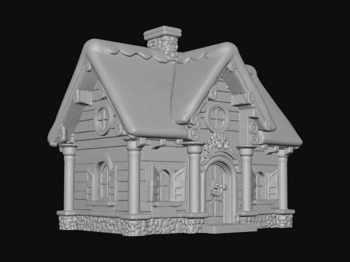 3D model for {"Object":"Santa's house exterior","Material":"walls made of red wooden planks, roof made of snow-covered shingles, trim made of white carved wood, chimney made of stone, columns made of candy-canes","Shape/Form":"tall A-frame cabin with side wing, steep roof, big stone chimney, rounded entry porch","Color Scheme":"red walls, white snow and trim, green doors and shutters, warm yellow windows","Texture Details":"wood grain, carved trim grooves, rough stone blocks, soft piled snow, glossy candy stripes","Style":"PBR stylized realism for games","Environment/Use Context":"set on flat snowy ground, faint aurora sky, no extra props","Reference Models":"search Santa house 3D model"}, #Christmas2025#