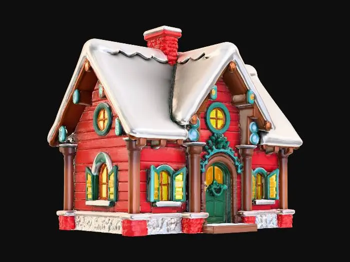 3D model for {"Object":"Santa's house exterior","Material":"walls made of red wooden planks, roof made of snow-covered shingles, trim made of white carved wood, chimney made of stone, columns made of candy-canes","Shape/Form":"tall A-frame cabin with side wing, steep roof, big stone chimney, rounded entry porch","Color Scheme":"red walls, white snow and trim, green doors and shutters, warm yellow windows","Texture Details":"wood grain, carved trim grooves, rough stone blocks, soft piled snow, glossy candy stripes","Style":"PBR stylized realism for games","Environment/Use Context":"set on flat snowy ground, faint aurora sky, no extra props","Reference Models":"search Santa house 3D model"}, #Christmas2025#
