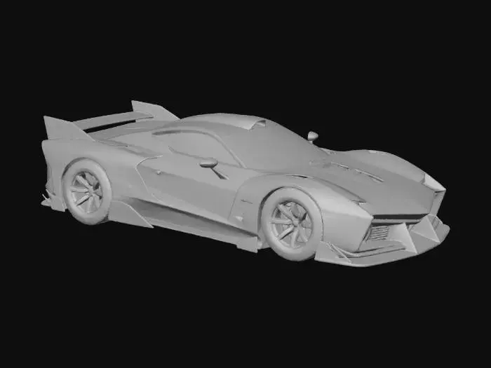 3D model for (S13-inspired)","material":"plastic-ceramic body over dark inner-frame, red lacquer armor plates, gold fasteners, tinted glass","shape_form":"long-hood short-deck coupe; low wide stance; box-flare fenders; front splitter; side skirts; ducktail; V-fin roof blade; cat-ear mirror fins; pizza-emblem grille badge; quad vernier exhausts; pop-up eyelid lamps; roll cage","color_scheme":"white base with saturated red panels, gold trims, black chassis, teal vents, cyan glass; pizza-slice livery + kana decals","texture_details":"clean ink panel lines, hard 2-step cel shadows; glossy body, matte tires, satin rubber; bold number roundels, no grime","style":"1990s anime cel, cartoon, sentai parody, hyper-saturated, no realism",#Christmas2025#